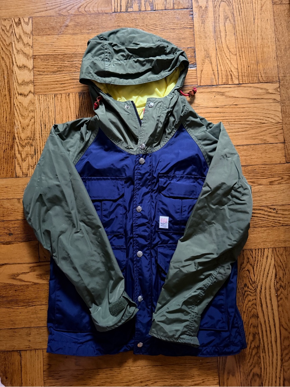 Topo Designs Bright Yellow Packable Jacket with Red Loop